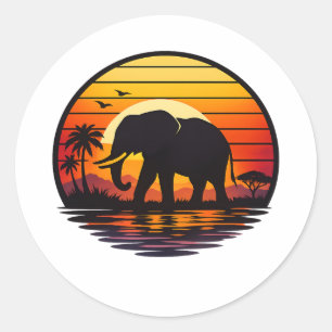 Sticker Rond Élévant silhouette coucher de soleil rétro