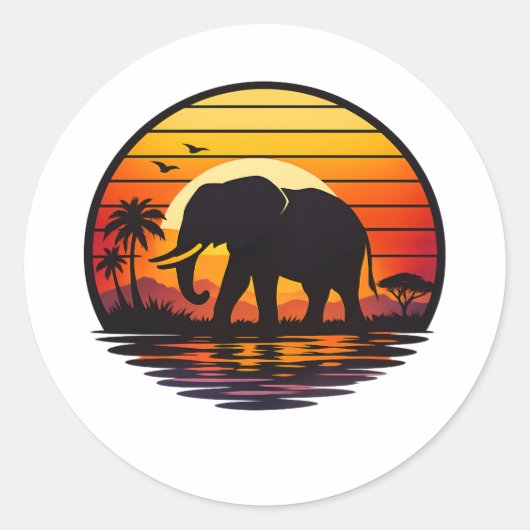 Sticker Rond Élévant silhouette coucher de soleil rétro (Devant)