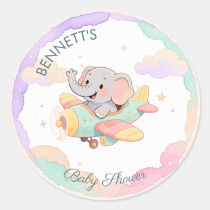 Sticker Rond Élévation d'avion à éléphant à l'aquarelle pour bé