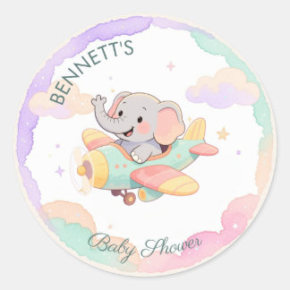 Sticker Rond Élévation d'avion à éléphant à l'aquarelle pour bé