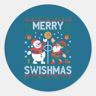 Sticker Rond Elf de basket-ball de Noël Bonhomme de neige Swish