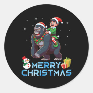 Sticker Rond Elf Riding Gorilla Snowman Présenter Joyeux Noël