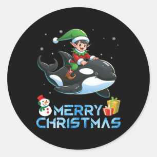 Sticker Rond Elf Riding Orca Snowman Présenter Joyeux Noël Da