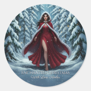 Sticker Rond Elfe de Noël en rouge dans la forêt hivernale Magn