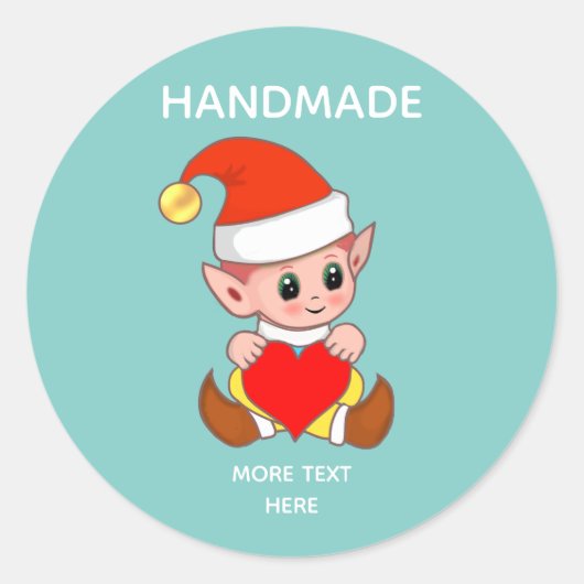 Sticker Rond Elfe mignon sur fond sarcelle clair et texte fait (Devant)