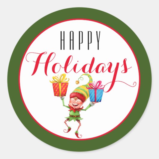 Sticker Rond Elfe mignonne avec cadeaux Joyeux vacances/vert (Devant)