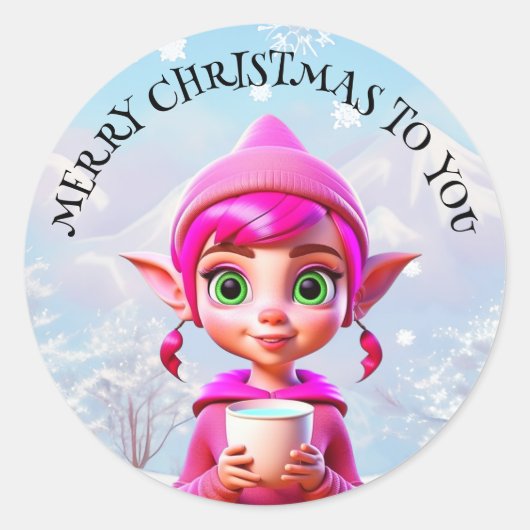 Sticker Rond Elfe rose mignonne avec café ou cacao Noël (Devant)