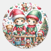 Sticker Rond Elfes adorables à Père Noël Atelier Noël (Devant)