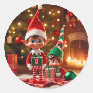 Sticker Rond Elfes de Noël avec cadeaux AI Image
