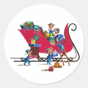 Sticker Rond ELFES REMPLISSANT SLEIGH de PÈRE NOËL par SHARON