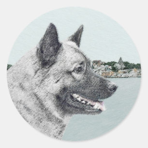Sticker Rond Elkhound norvégien à la peinture de village - Ch