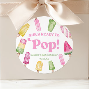 Sticker Rond Elle est prête à éclater Baby Shower Rose Popsicle