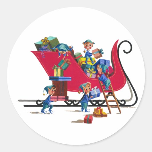 Sticker Rond ELVES REMPLISSANT PÈRE NOËL SLEIGH par SHARON SHAR (Devant)
