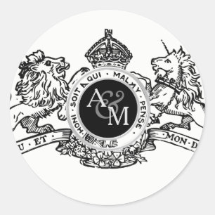 Sticker Rond Emblème de Mariage de la Couronne de Lion noir bla