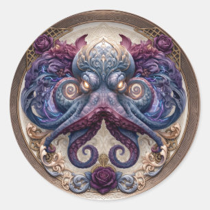 Sticker Rond Emblème de pieuvre Steampunk avec roses violettes