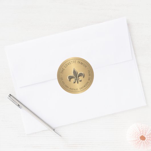 Sticker Rond Embossée Gold Fleur de Lis Holiday Adresse de reto (Enveloppe)