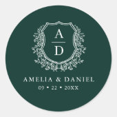 Sticker Rond Emerald Green Crest Moderne Monogramme Mariage (Devant)
