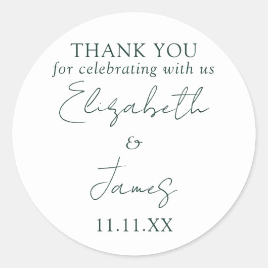 Sticker Rond Emerald Green Élégant Script Mariage Merci (Devant)