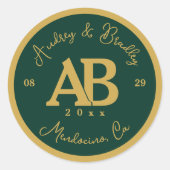 Sticker Rond Emerald Green et Gold 2 Lettre Monogramme Mariage (Devant)