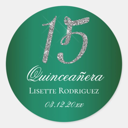 Sticker Rond Emerald Green Faux Parties scintillant 15 Quincean (Devant)