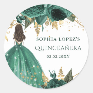 Sticker Rond Emerald Green Floral Princess Quinceanera