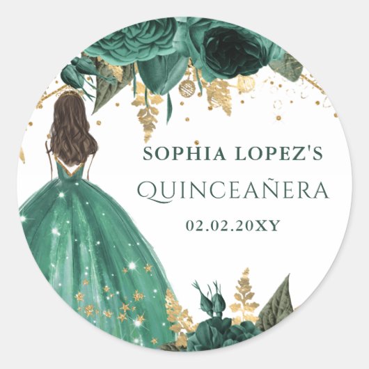 Sticker Rond Emerald Green Floral Princess Quinceanera (Devant)