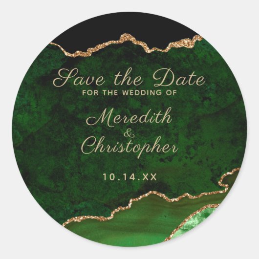 Sticker Rond Emerald Green Gold Agate Marbre Enregistrer la dat (Devant)