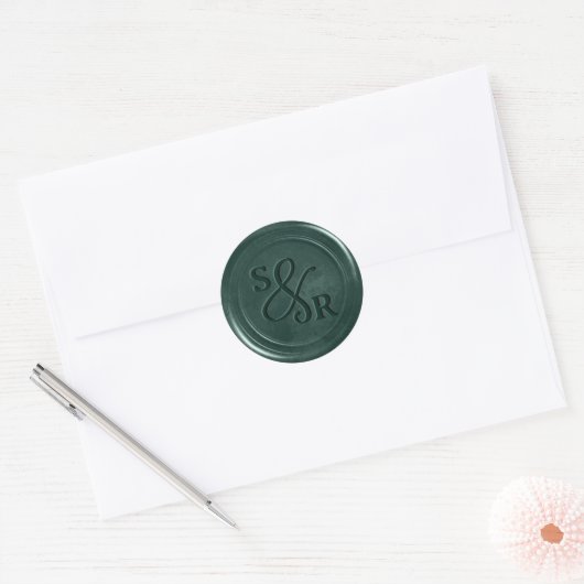 Sticker Rond Émeraude collant vert cire avec initiales (Enveloppe)