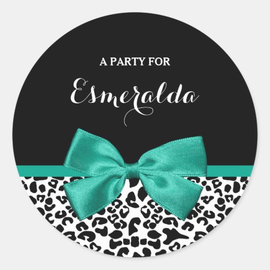 Sticker Rond Empreinte de léopard Emerald Green Ribbon Bow Nom (Devant)