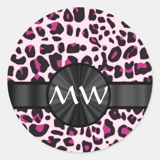 Sticker Rond Empreinte de léopard rose et monogramme (Devant)
