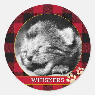 Sticker Rond Empreinte de patte de chat, plaid buffle rouge, ph
