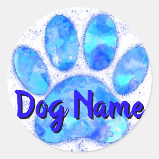 Sticker Rond Empreinte de patte de chien d'aquarelle bleu avec  (Devant)