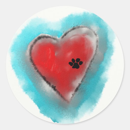 Sticker Rond Empreinte de patte laissé sur un coeur (Devant)