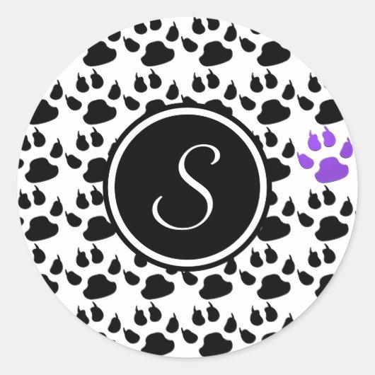 Sticker Rond Empreinte de patte noir, blanc et violet (Devant)