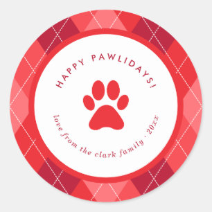 Sticker Rond Empreinte de patte rouge mignon Joyeux Pawlidays N