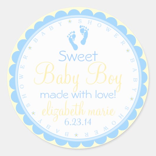 Sticker Rond Empreintes-Bleu et Baby shower Jaune (Devant)
