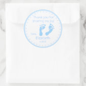 Sticker Rond Empreintes bleues Boy Baby shower Merci (Sac)