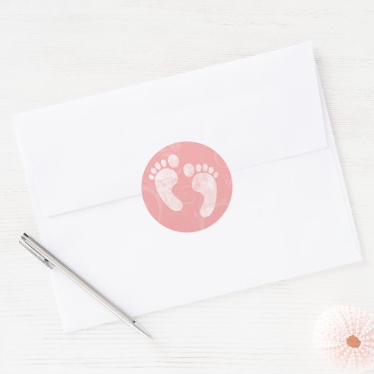 Sticker Rond Empreintes de bébé rose/blanc (Enveloppe)