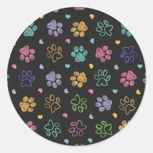 Sticker Rond Empreintes de patte gribouillées colorées