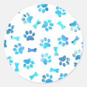 Sticker Rond Empreintes de pattes d'aquarelle bleue