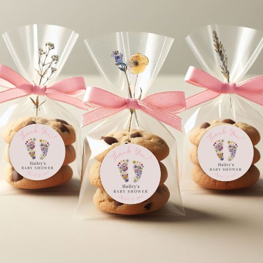 Sticker Rond Empreintes fleurs sauvages Baby shower rose Merci
