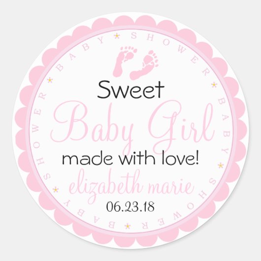 Sticker Rond Empreintes roses Baby shower Couché de Saint-Jacqu (Devant)