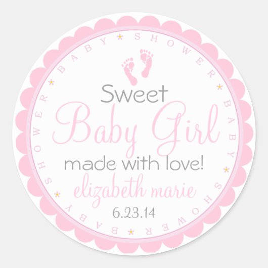 Sticker Rond Empreintes roses - Baby shower Favoriser (Devant)