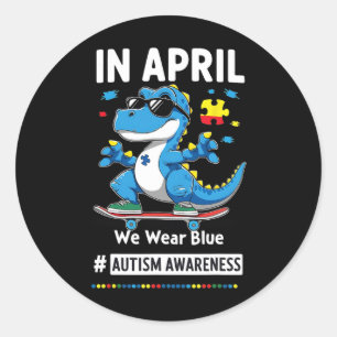 Sticker Rond En Avril Nous Portons Bleu Drôle De Dinosaure De S