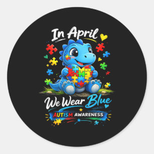 Sticker Rond En avril nous portons du bleu dinosaure de sensibi