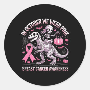 Sticker Rond En Octobre Nous Portons Dinosaure Rose Skeleton Br