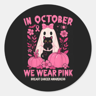 Sticker Rond En Octobre Nous Portons Fantôme Rose Chat Noir Flo