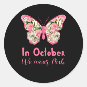 Sticker Rond En octobre nous portons papillon rose floral migno
