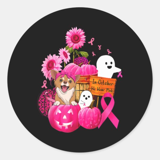 Sticker Rond En Octobre Nous Portons Pink Chihuahua Chig Cance (Devant)