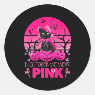 Sticker Rond En Octobre Nous Portons Pink Cute Chat Halloween B
